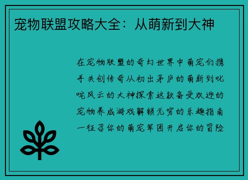 宠物联盟攻略大全：从萌新到大神