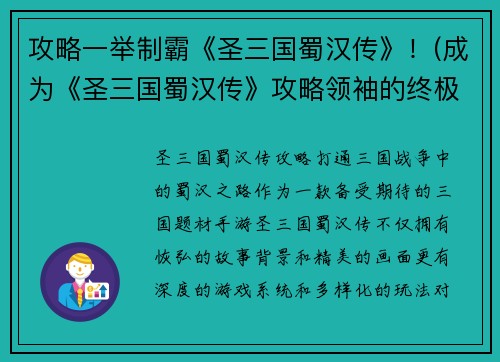 攻略一举制霸《圣三国蜀汉传》！(成为《圣三国蜀汉传》攻略领袖的终极手册)